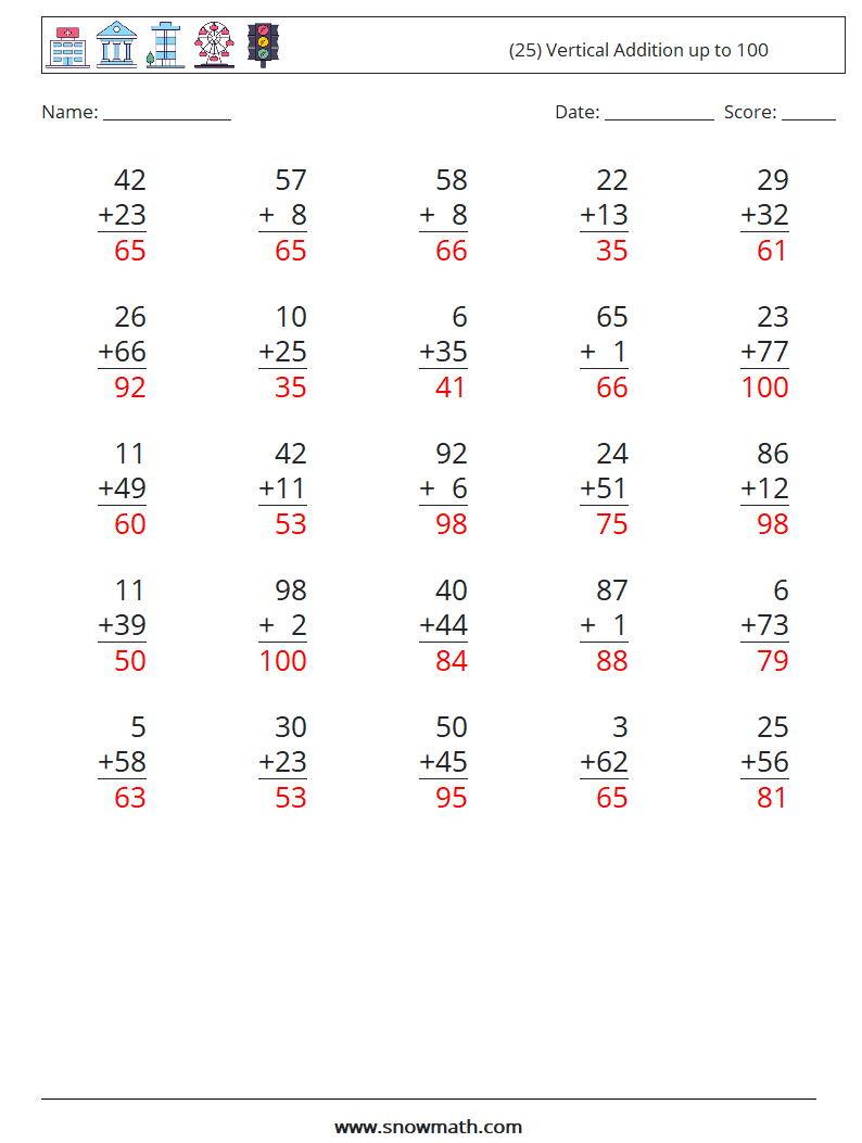 (25) Vertical Addition up to 100 Maths Worksheets 8 Question, Answer