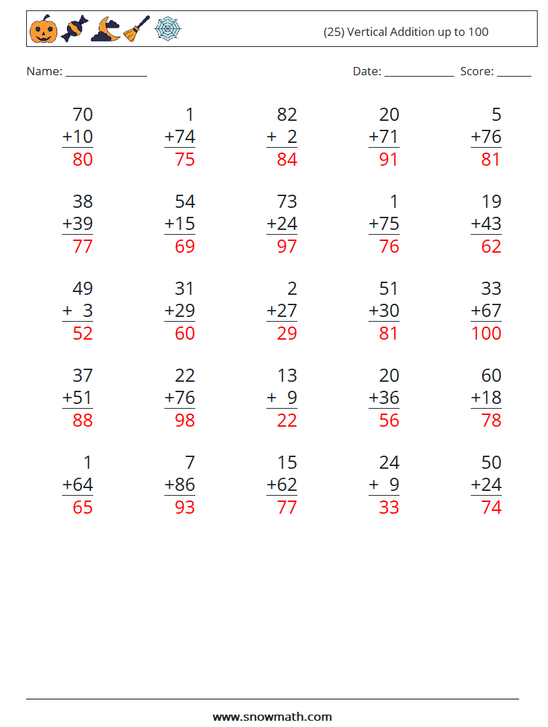 (25) Vertical Addition up to 100 Maths Worksheets 9 Question, Answer