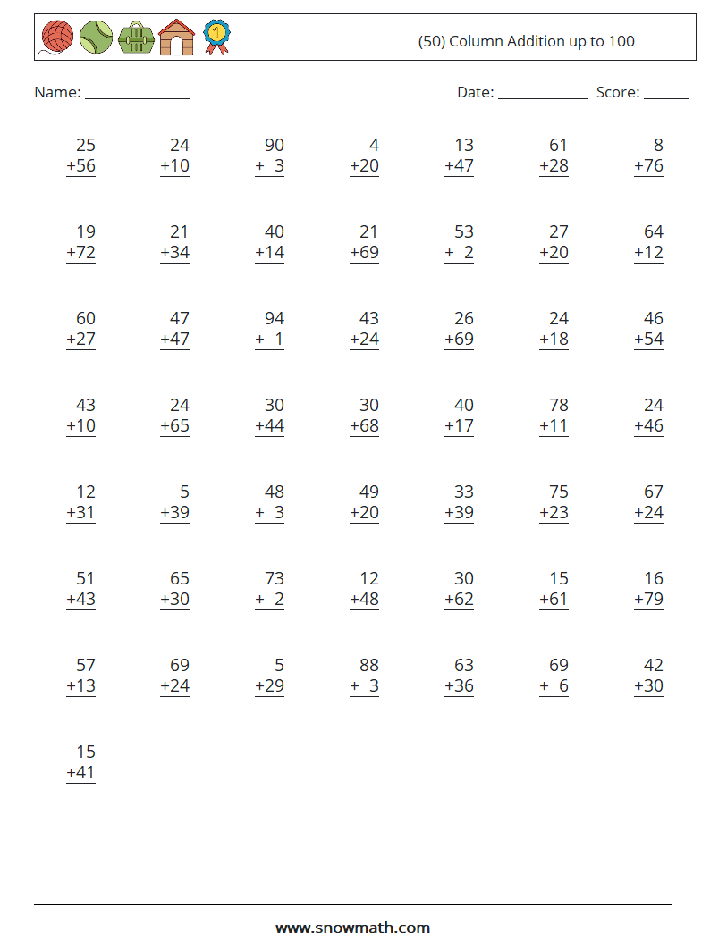 (50) Column Addition up to 100 Maths Worksheets 10