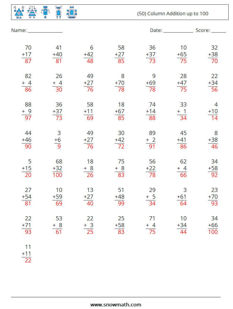 (50) Column Addition up to 100 Maths Worksheets 11 Question, Answer