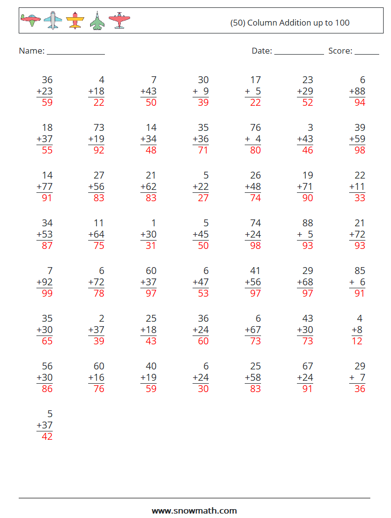 (50) Column Addition up to 100 Maths Worksheets 13 Question, Answer