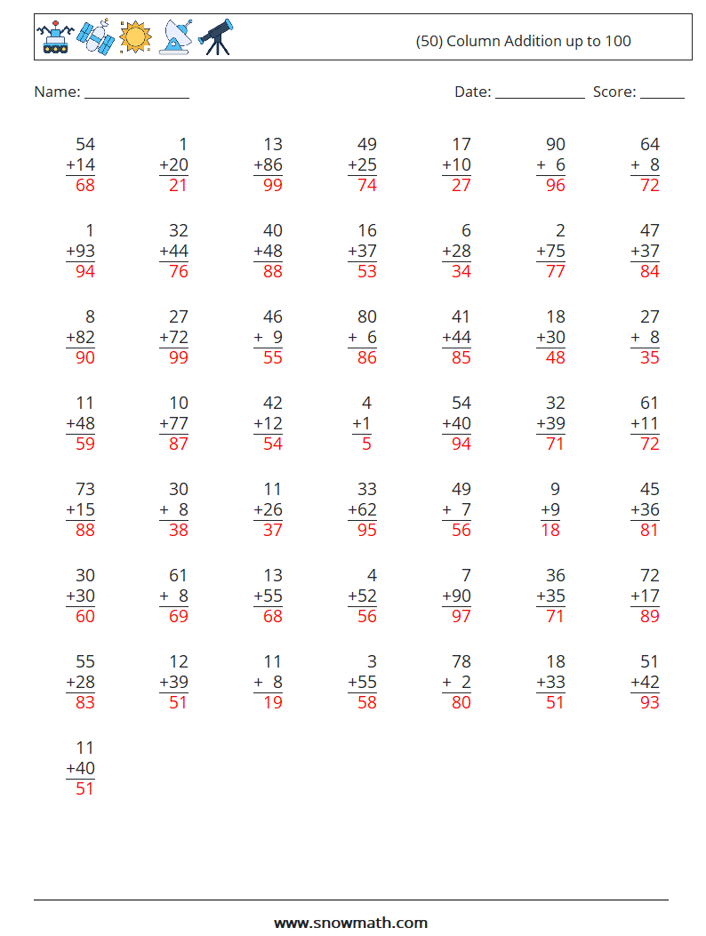 (50) Column Addition up to 100 Maths Worksheets 17 Question, Answer