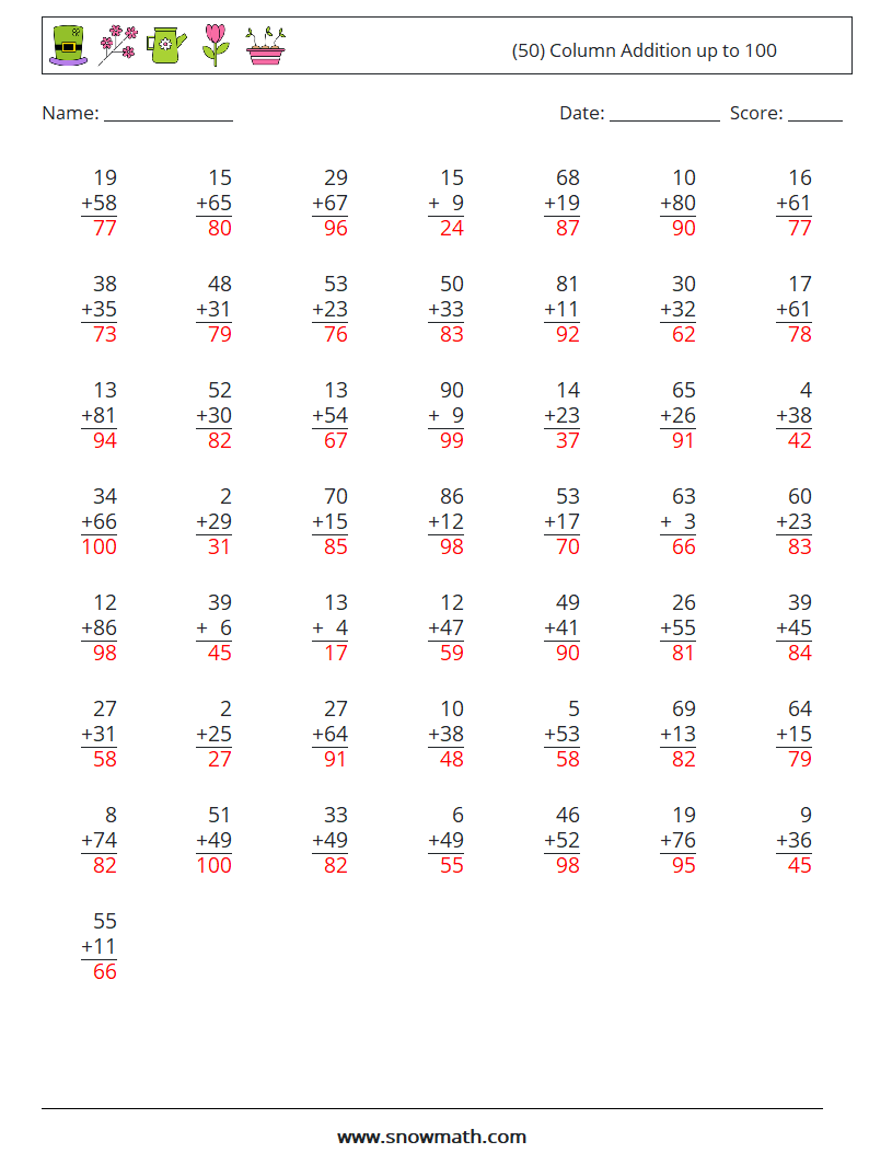 (50) Column Addition up to 100 Maths Worksheets 2 Question, Answer