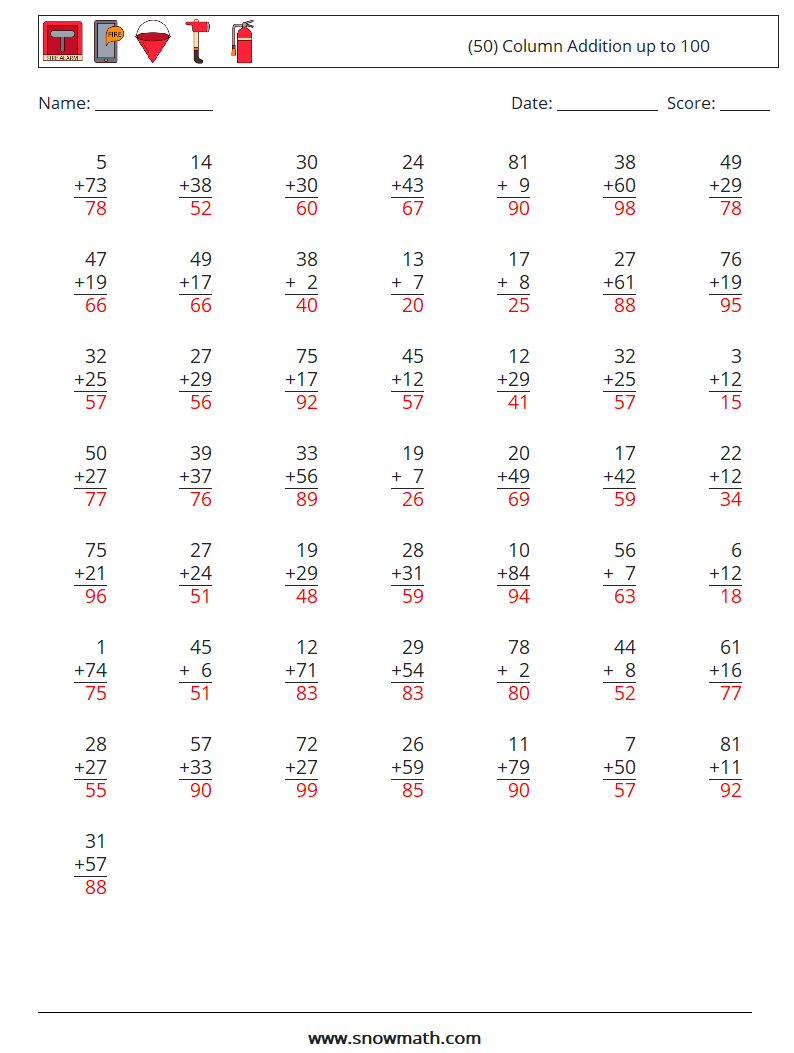 (50) Column Addition up to 100 Maths Worksheets 5 Question, Answer