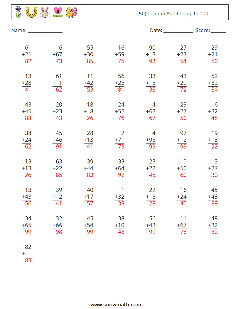 (50) Column Addition up to 100 Maths Worksheets 6 Question, Answer