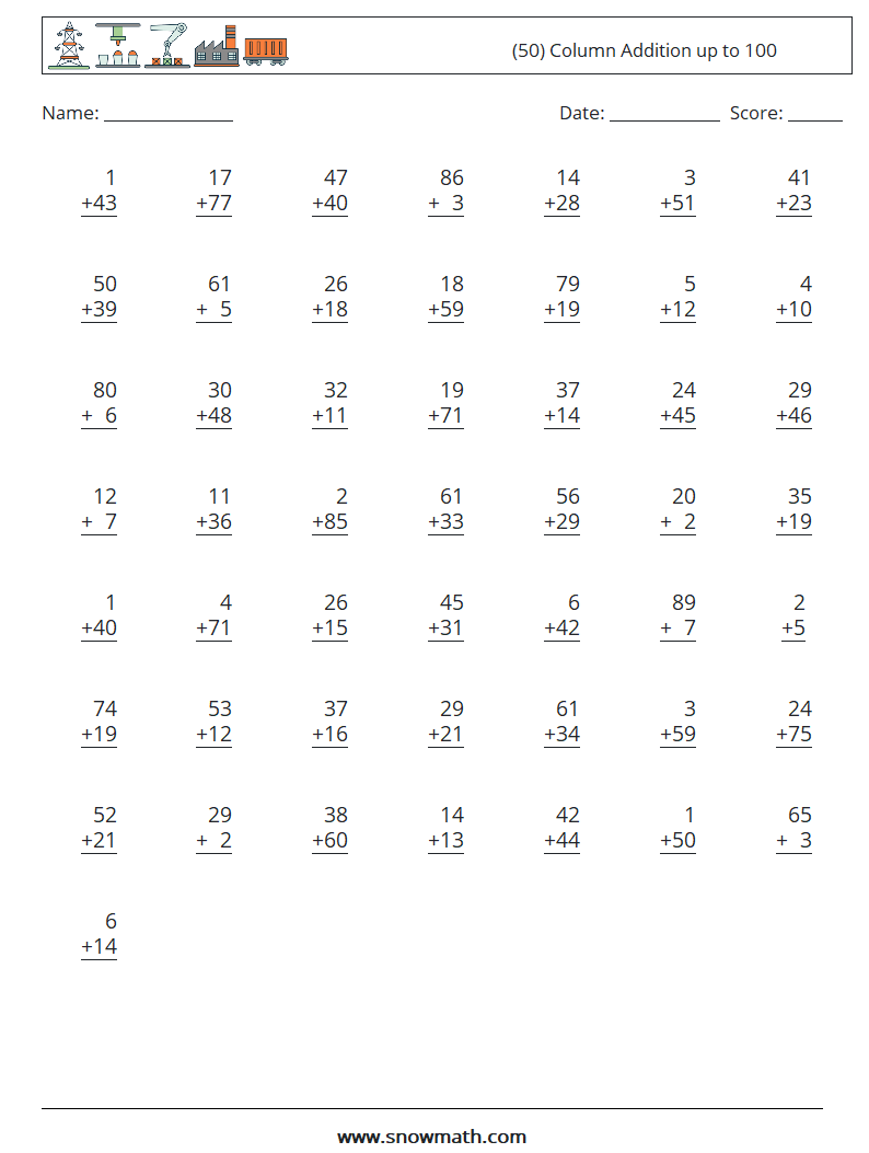 (50) Column Addition up to 100 Maths Worksheets 9