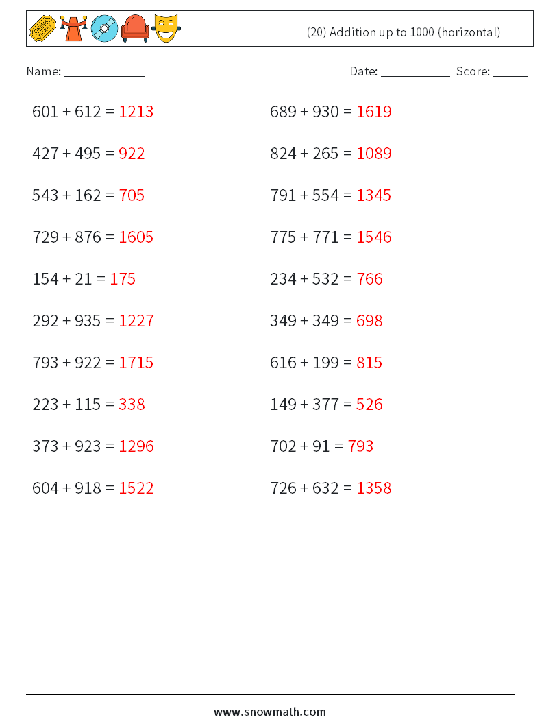 (20) Addition up to 1000 (horizontal) Maths Worksheets 1 Question, Answer