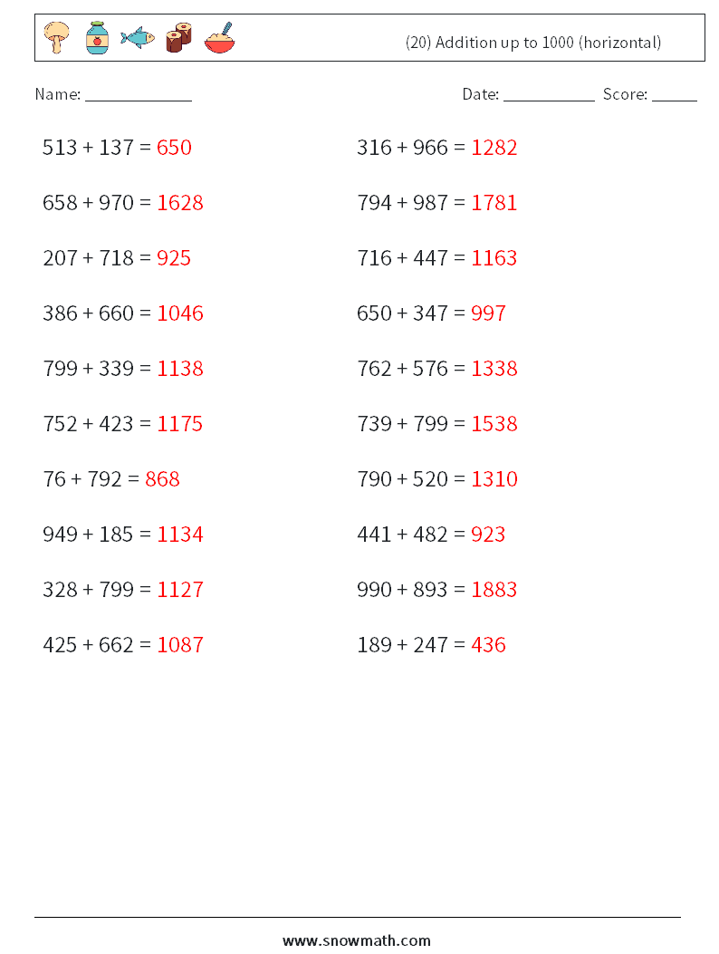(20) Addition up to 1000 (horizontal) Maths Worksheets 2 Question, Answer