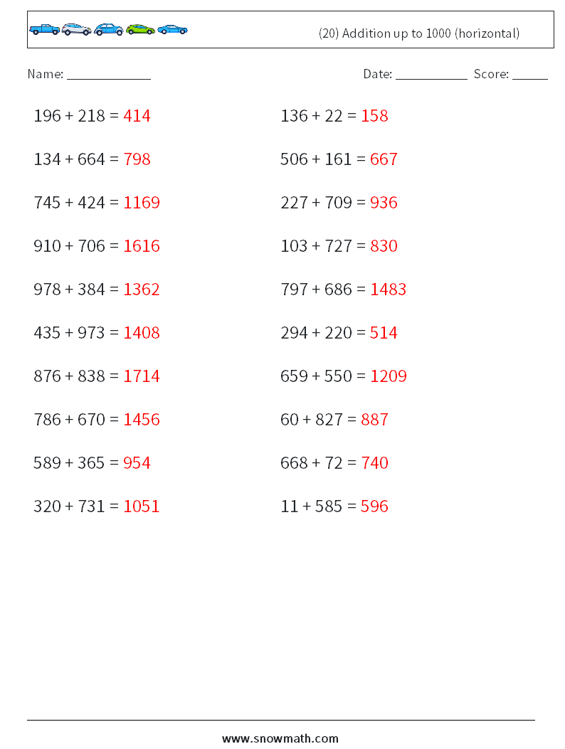 (20) Addition up to 1000 (horizontal) Maths Worksheets 3 Question, Answer