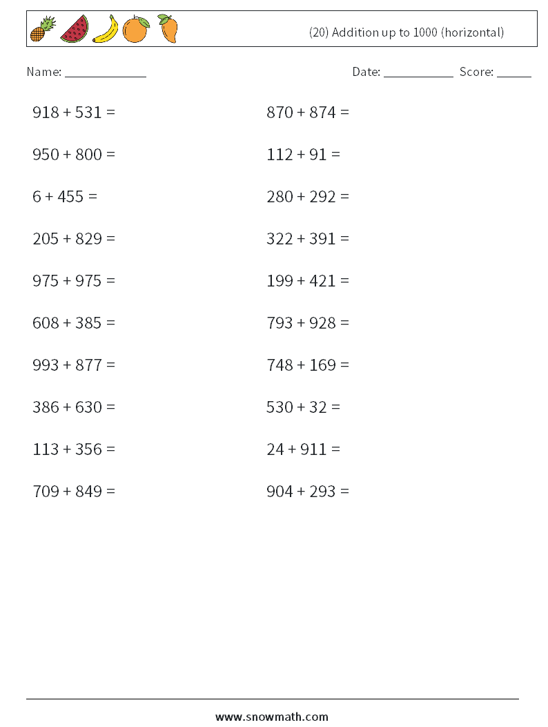 (20) Addition up to 1000 (horizontal) Maths Worksheets 4