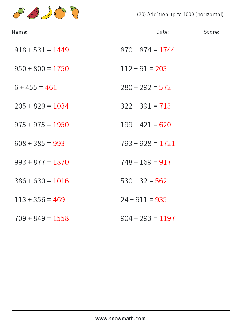 (20) Addition up to 1000 (horizontal) Maths Worksheets 4 Question, Answer