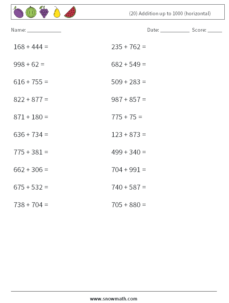 (20) Addition up to 1000 (horizontal) Maths Worksheets 5