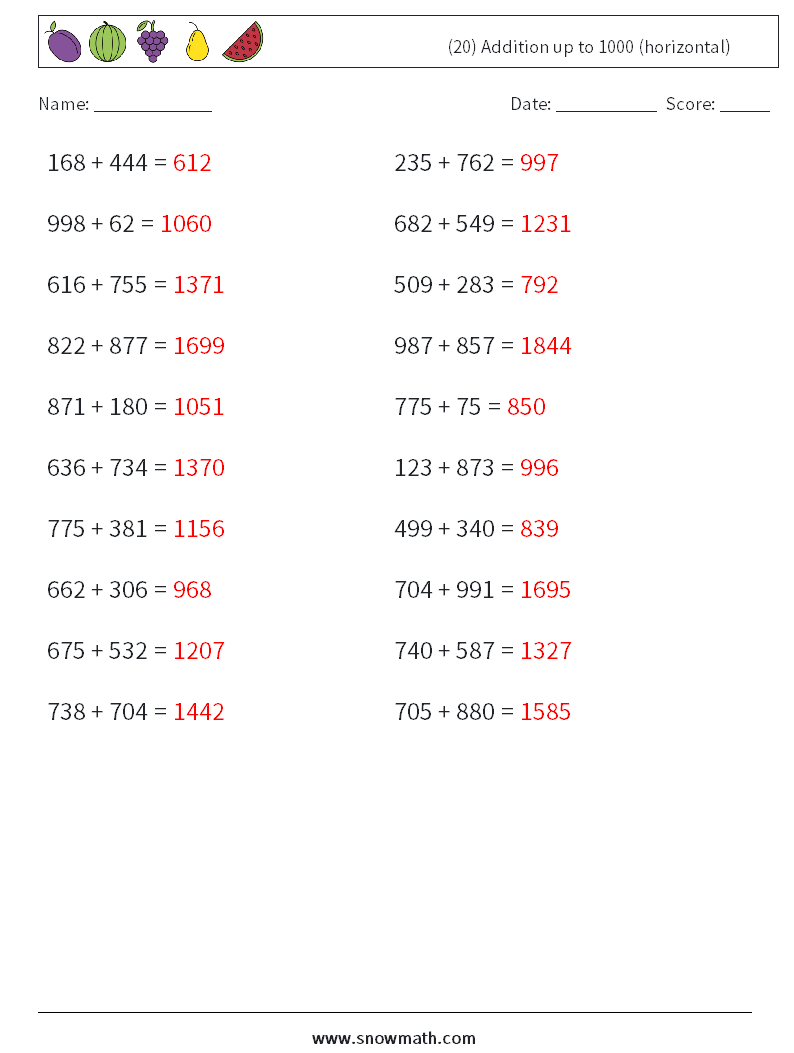 (20) Addition up to 1000 (horizontal) Maths Worksheets 5 Question, Answer