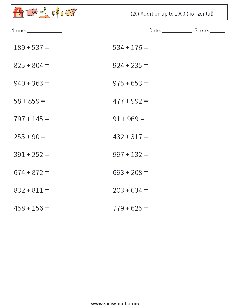 (20) Addition up to 1000 (horizontal) Maths Worksheets 6