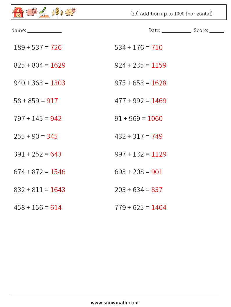 (20) Addition up to 1000 (horizontal) Maths Worksheets 6 Question, Answer