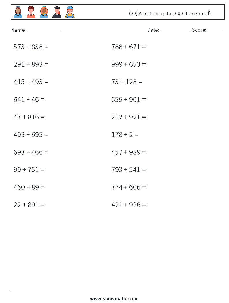 (20) Addition up to 1000 (horizontal) Maths Worksheets 7