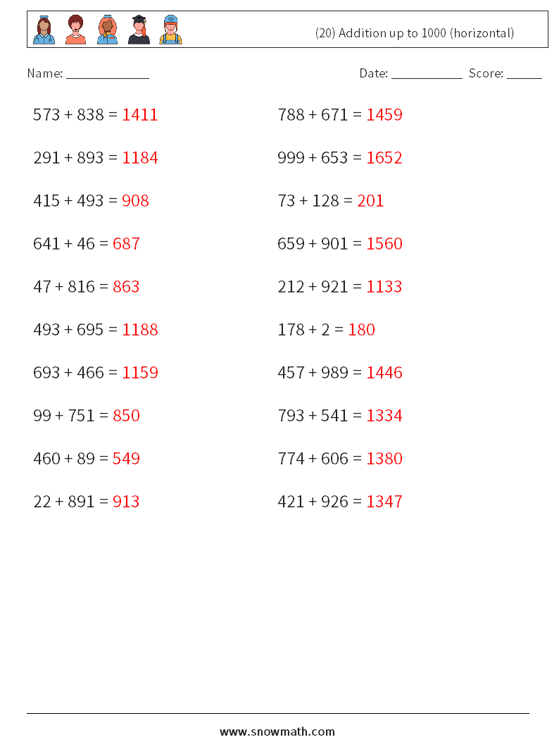 (20) Addition up to 1000 (horizontal) Maths Worksheets 7 Question, Answer