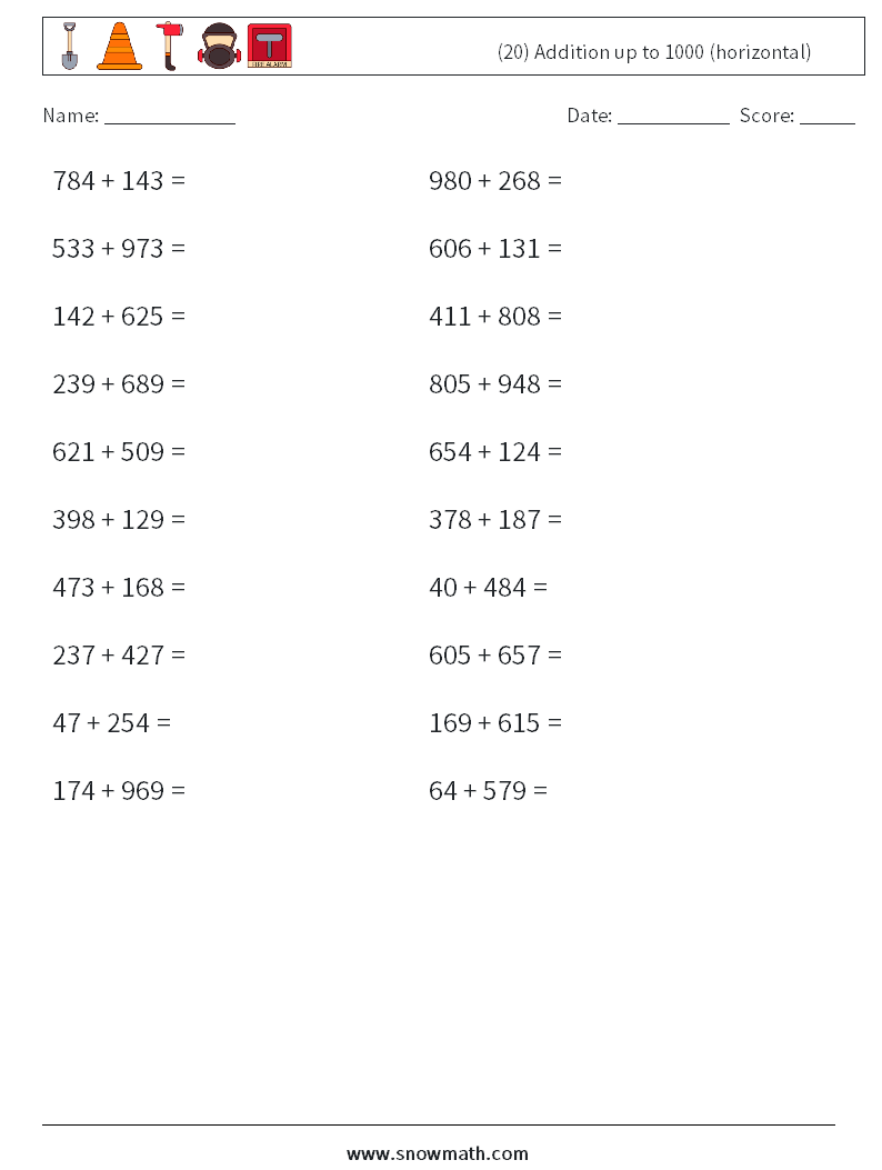 (20) Addition up to 1000 (horizontal) Maths Worksheets 8