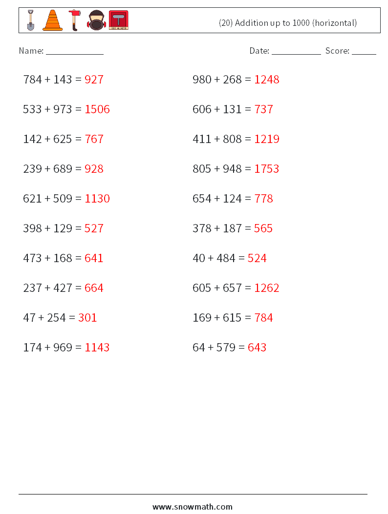 (20) Addition up to 1000 (horizontal) Maths Worksheets 8 Question, Answer