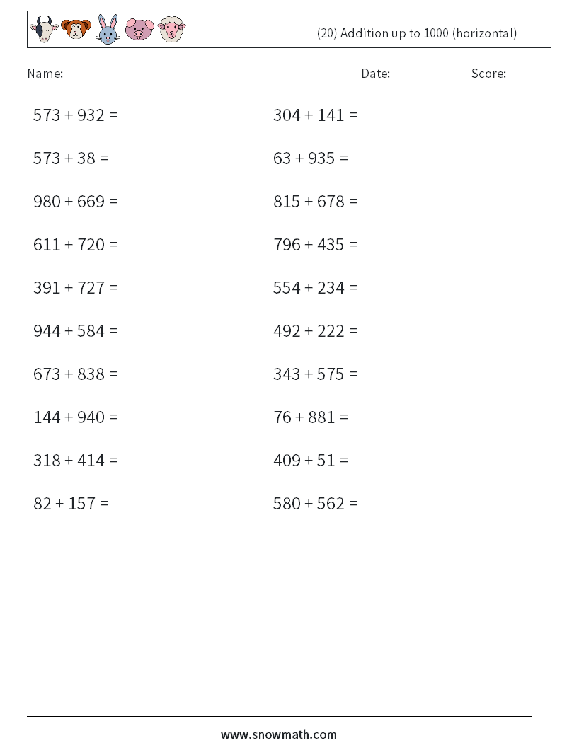 (20) Addition up to 1000 (horizontal) Maths Worksheets 9