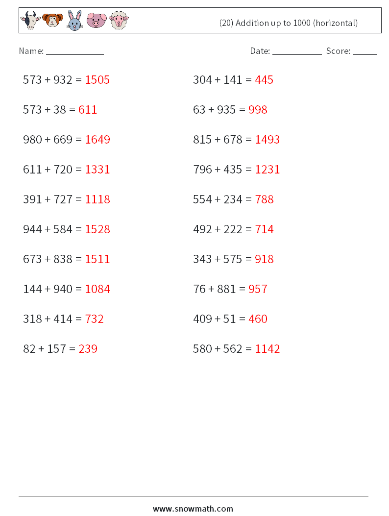 (20) Addition up to 1000 (horizontal) Maths Worksheets 9 Question, Answer