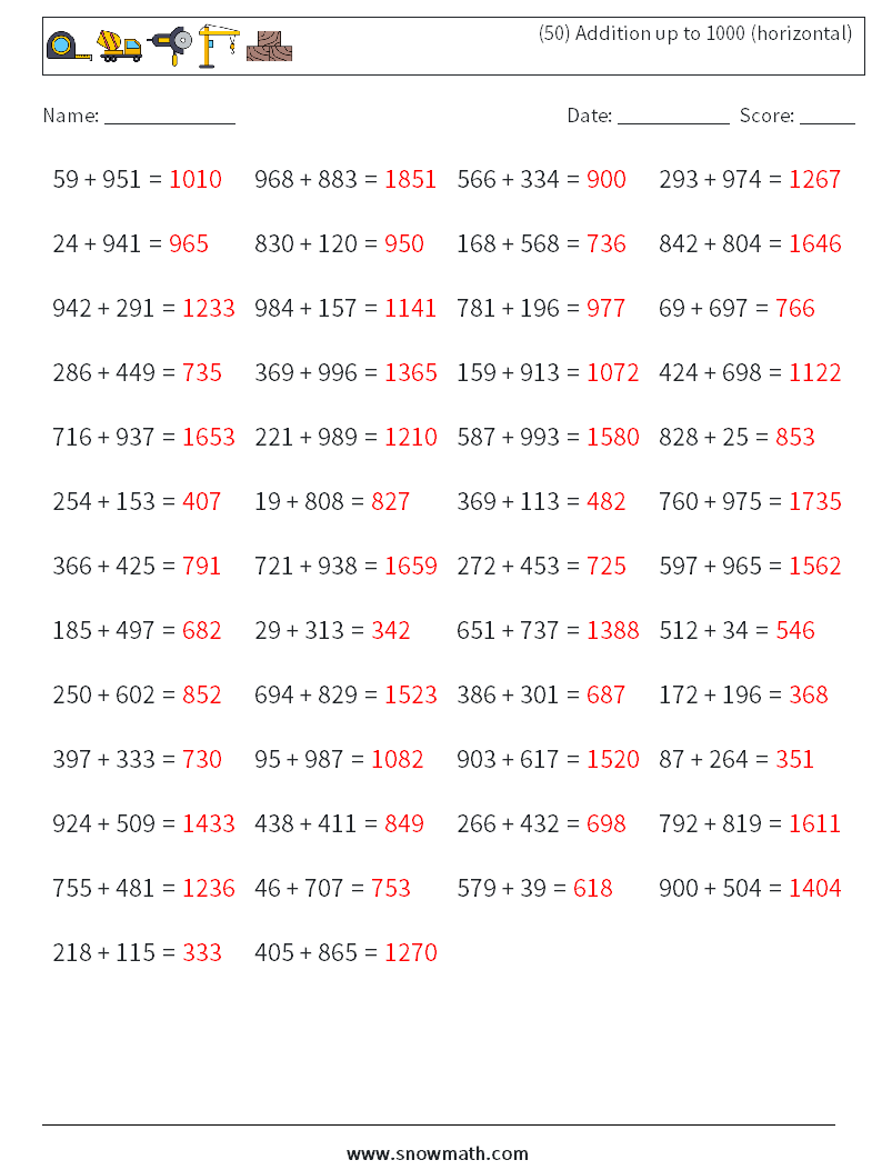 (50) Addition up to 1000 (horizontal) Maths Worksheets 1 Question, Answer