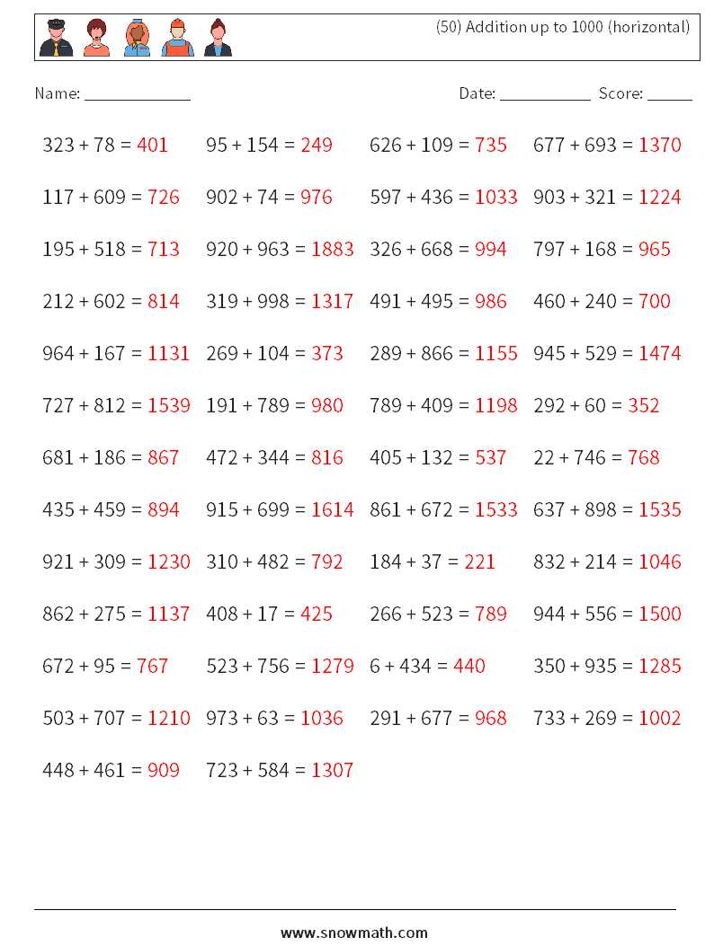 (50) Addition up to 1000 (horizontal) Maths Worksheets 2 Question, Answer