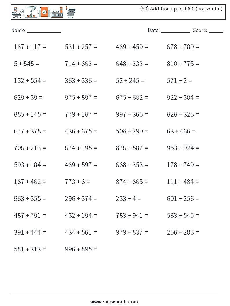 (50) Addition up to 1000 (horizontal) Maths Worksheets 3