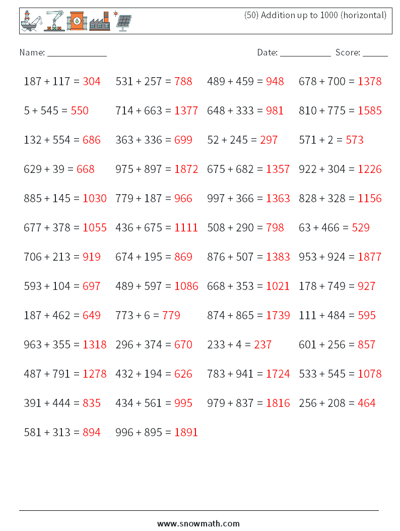 (50) Addition up to 1000 (horizontal) Maths Worksheets 3 Question, Answer