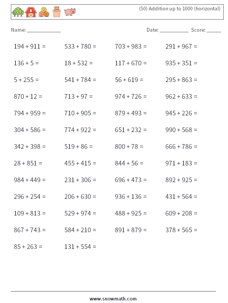 (50) Addition up to 1000 (horizontal) Maths Worksheets 4