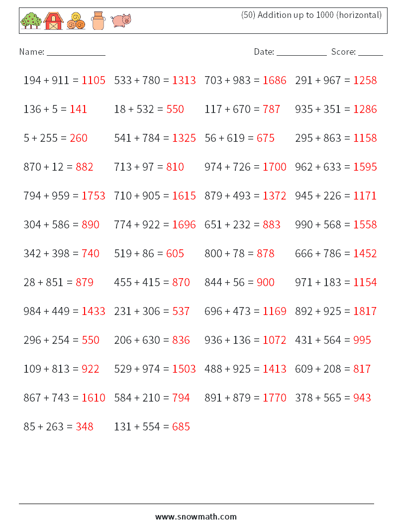 (50) Addition up to 1000 (horizontal) Maths Worksheets 4 Question, Answer