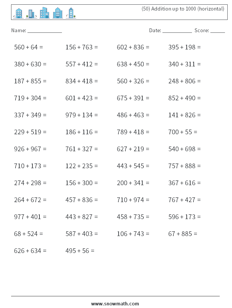 (50) Addition up to 1000 (horizontal) Maths Worksheets 5