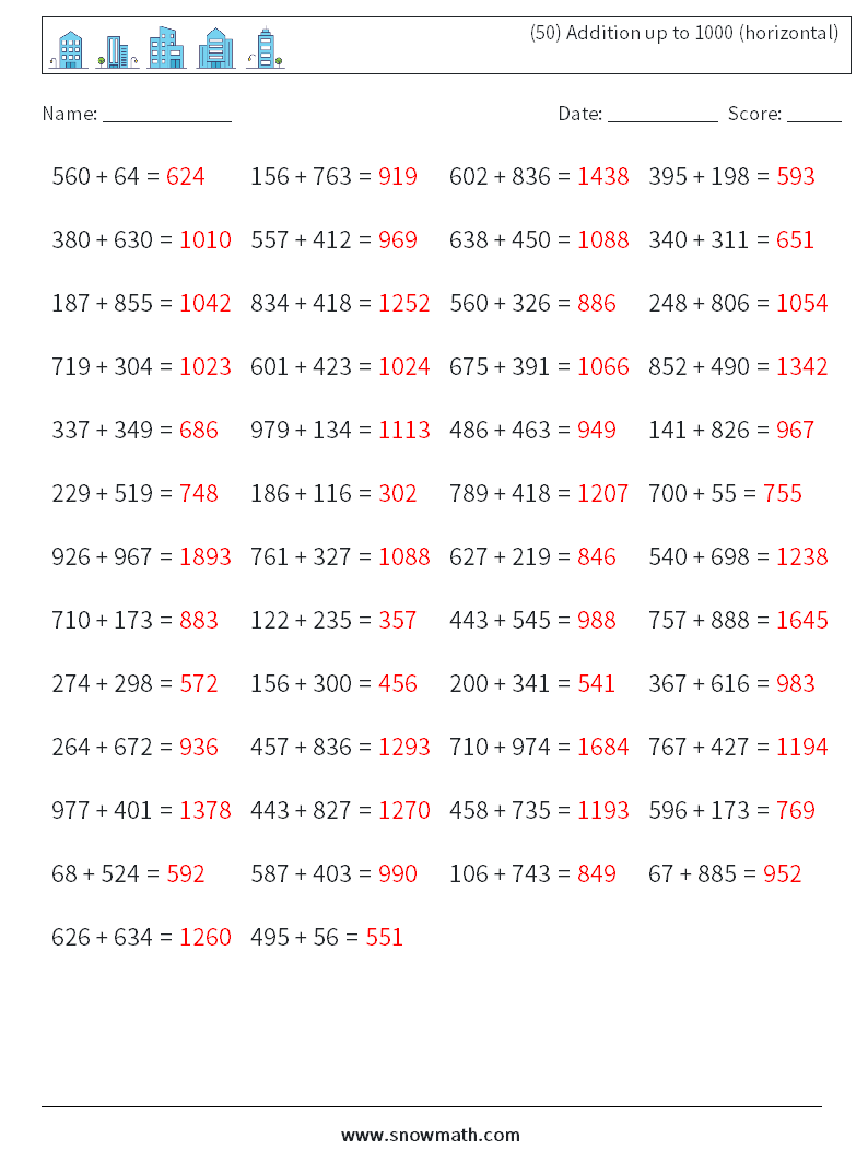 (50) Addition up to 1000 (horizontal) Maths Worksheets 5 Question, Answer