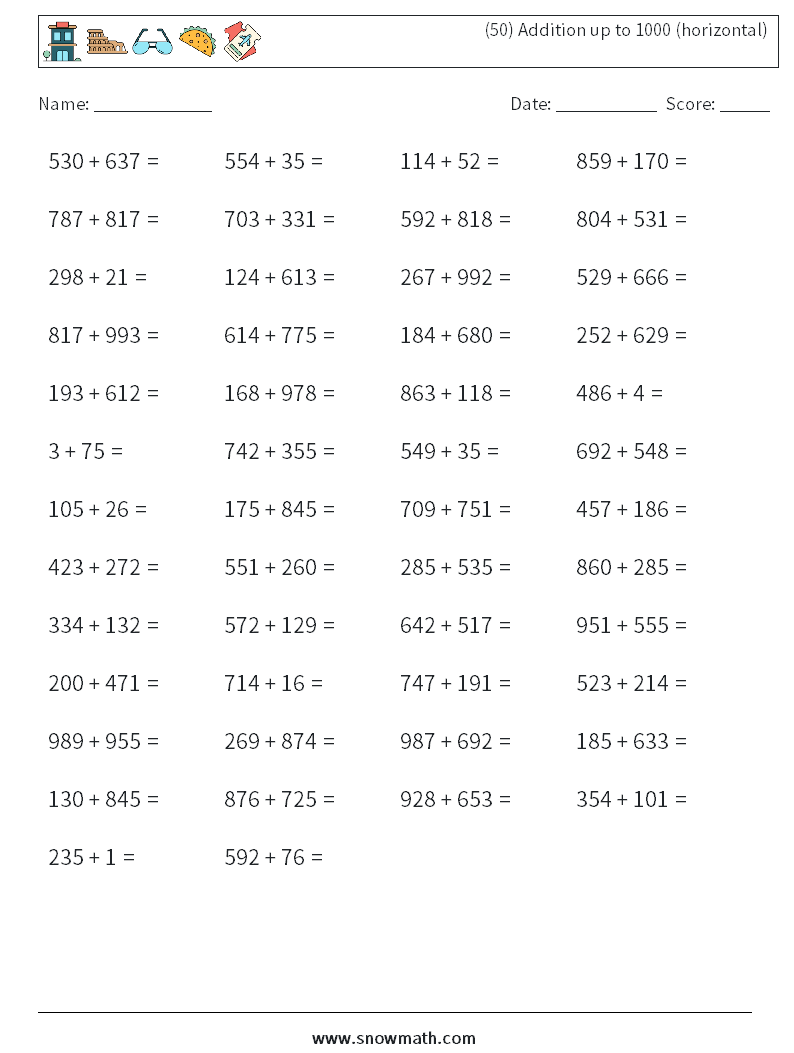 (50) Addition up to 1000 (horizontal) Maths Worksheets 6