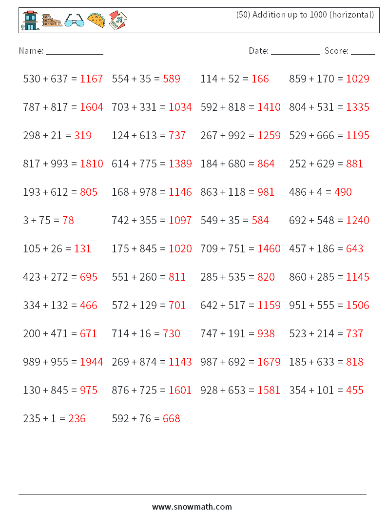 (50) Addition up to 1000 (horizontal) Maths Worksheets 6 Question, Answer