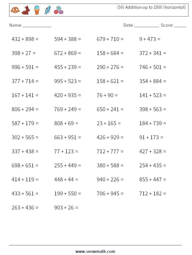 (50) Addition up to 1000 (horizontal) Maths Worksheets 7