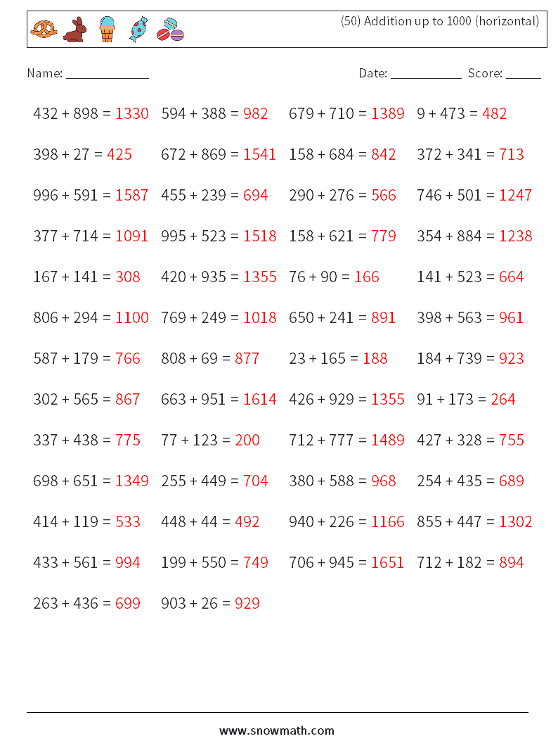 (50) Addition up to 1000 (horizontal) Maths Worksheets 7 Question, Answer