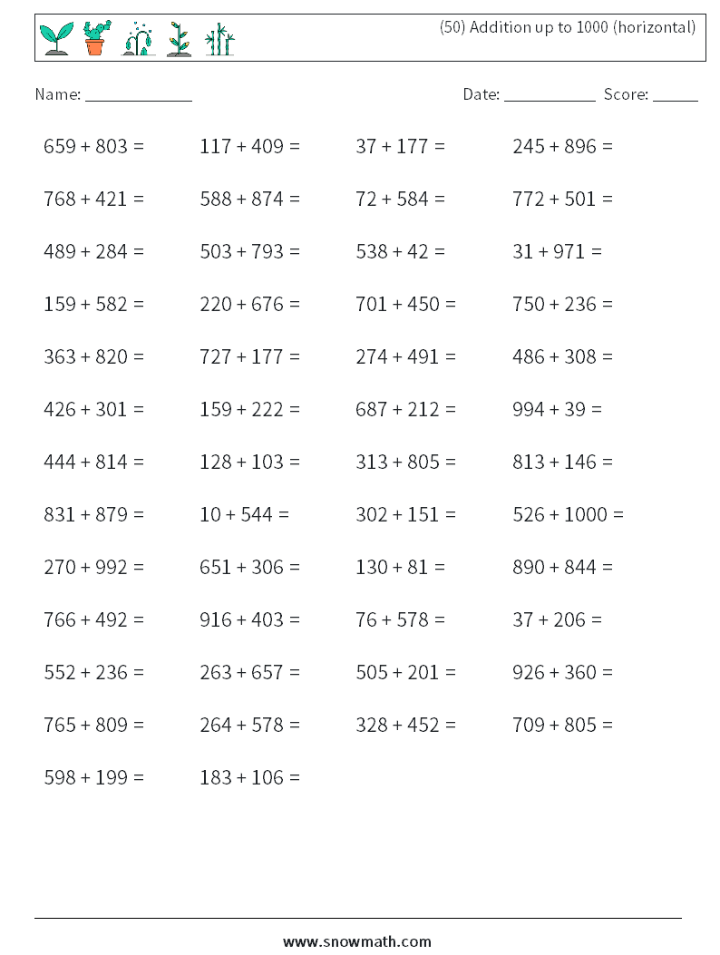 (50) Addition up to 1000 (horizontal) Maths Worksheets 8