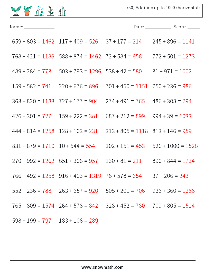 (50) Addition up to 1000 (horizontal) Maths Worksheets 8 Question, Answer