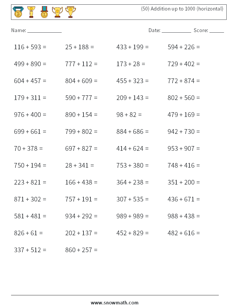 (50) Addition up to 1000 (horizontal) Maths Worksheets 9