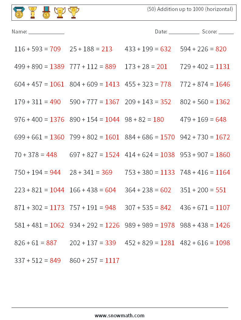 (50) Addition up to 1000 (horizontal) Maths Worksheets 9 Question, Answer