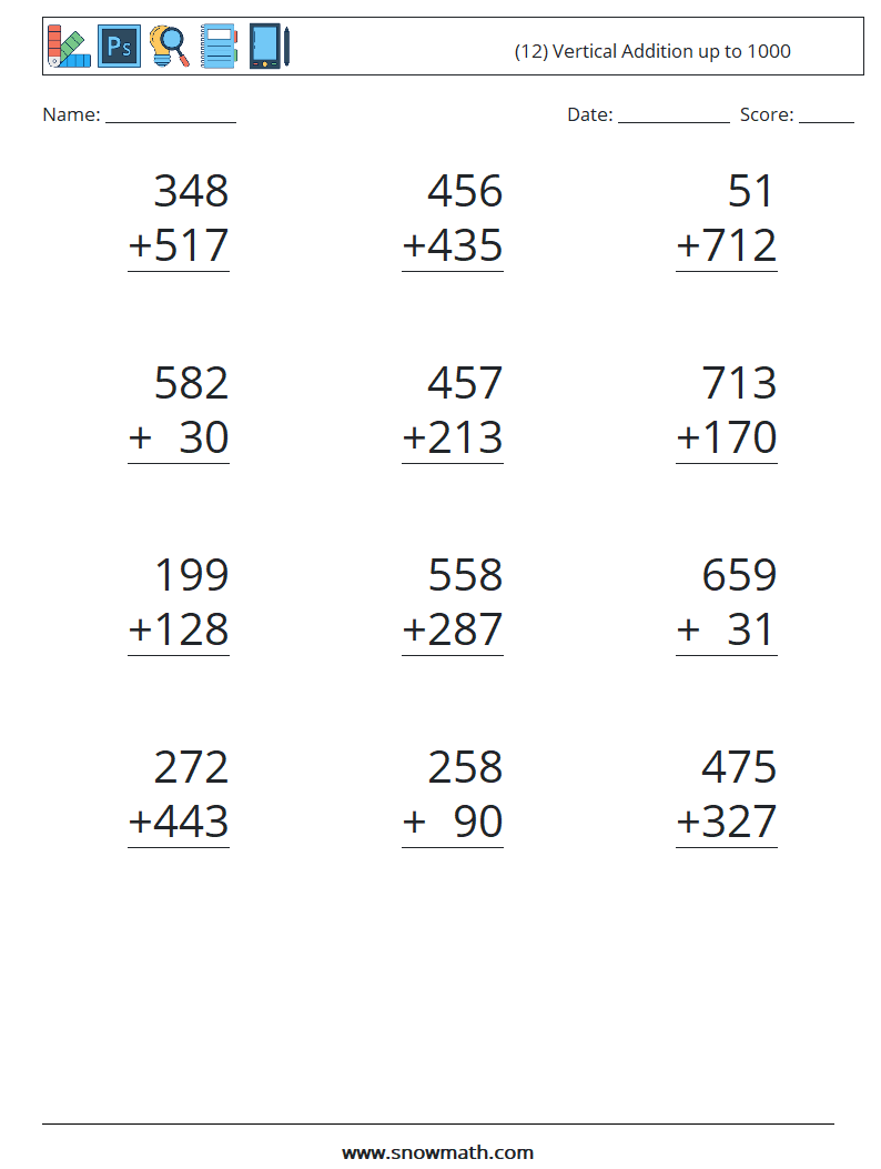 (12) Vertical Addition up to 1000 Maths Worksheets 1