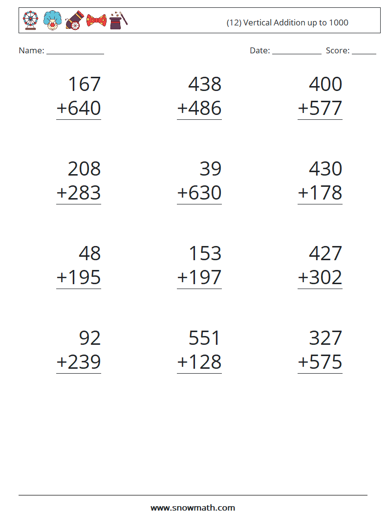 (12) Vertical Addition up to 1000 Maths Worksheets 10