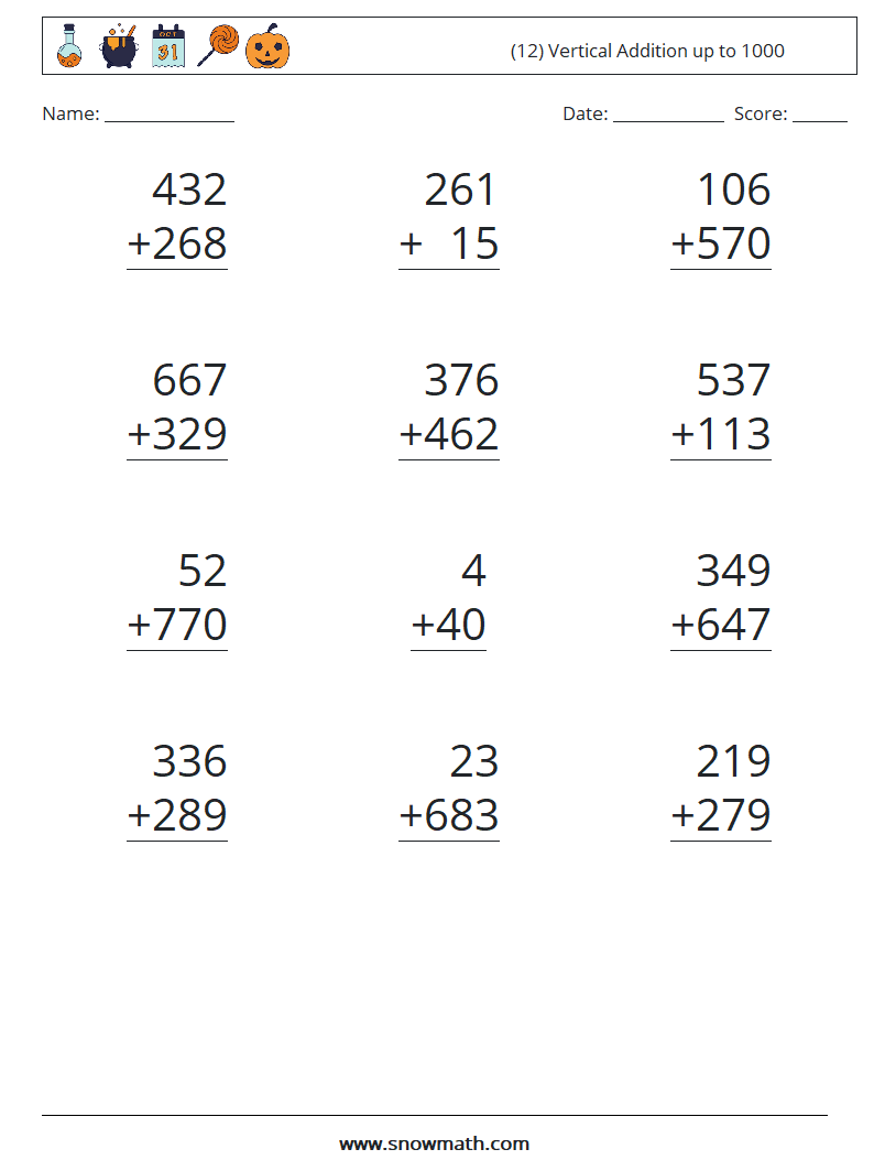 (12) Vertical Addition up to 1000 Maths Worksheets 11