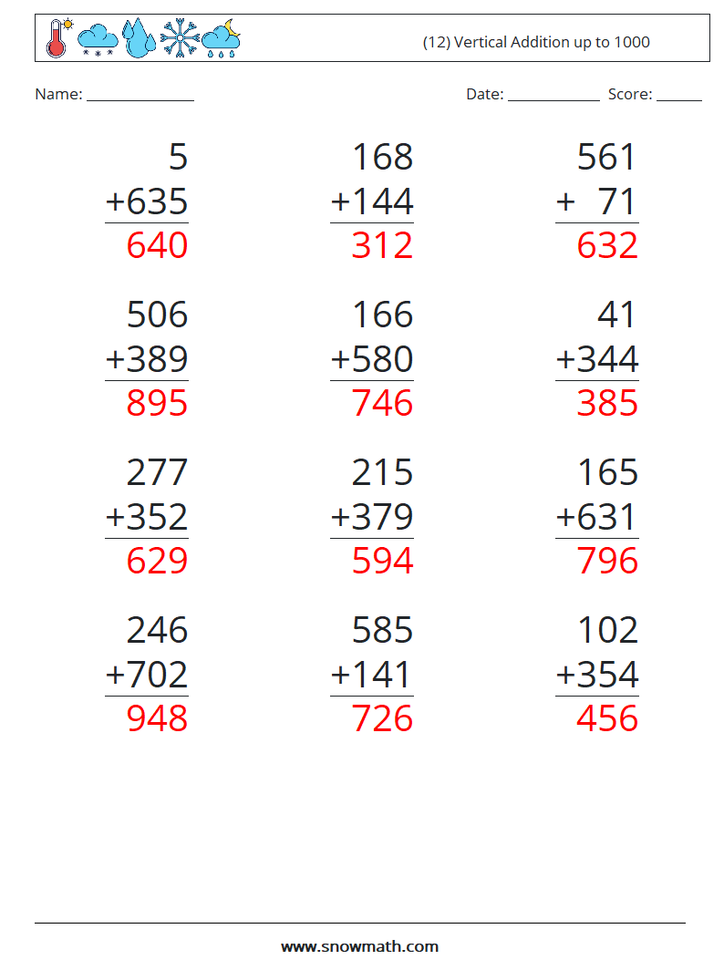 (12) Vertical Addition up to 1000 Maths Worksheets 12 Question, Answer