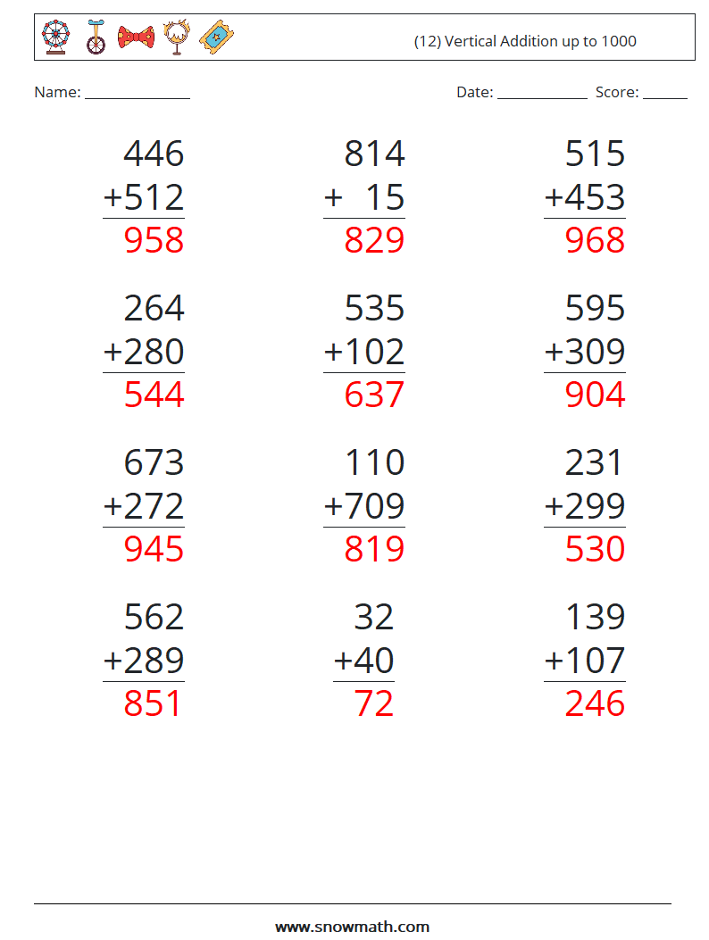 (12) Vertical Addition up to 1000 Maths Worksheets 13 Question, Answer