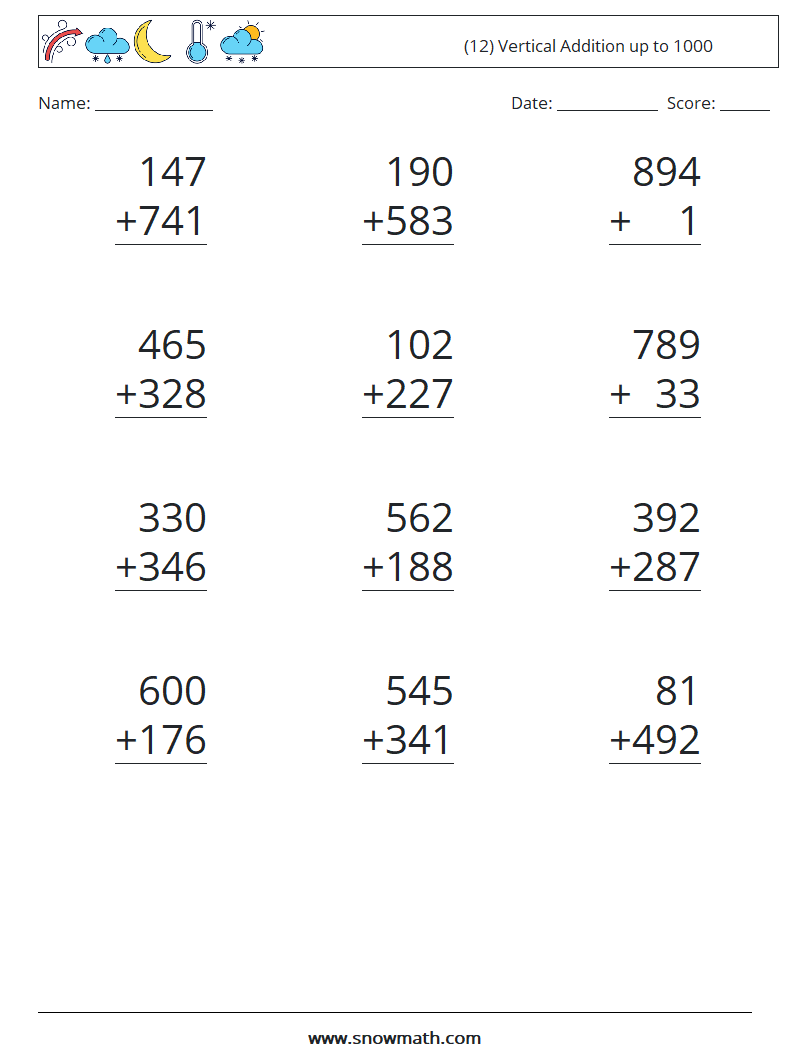 (12) Vertical Addition up to 1000 Maths Worksheets 16