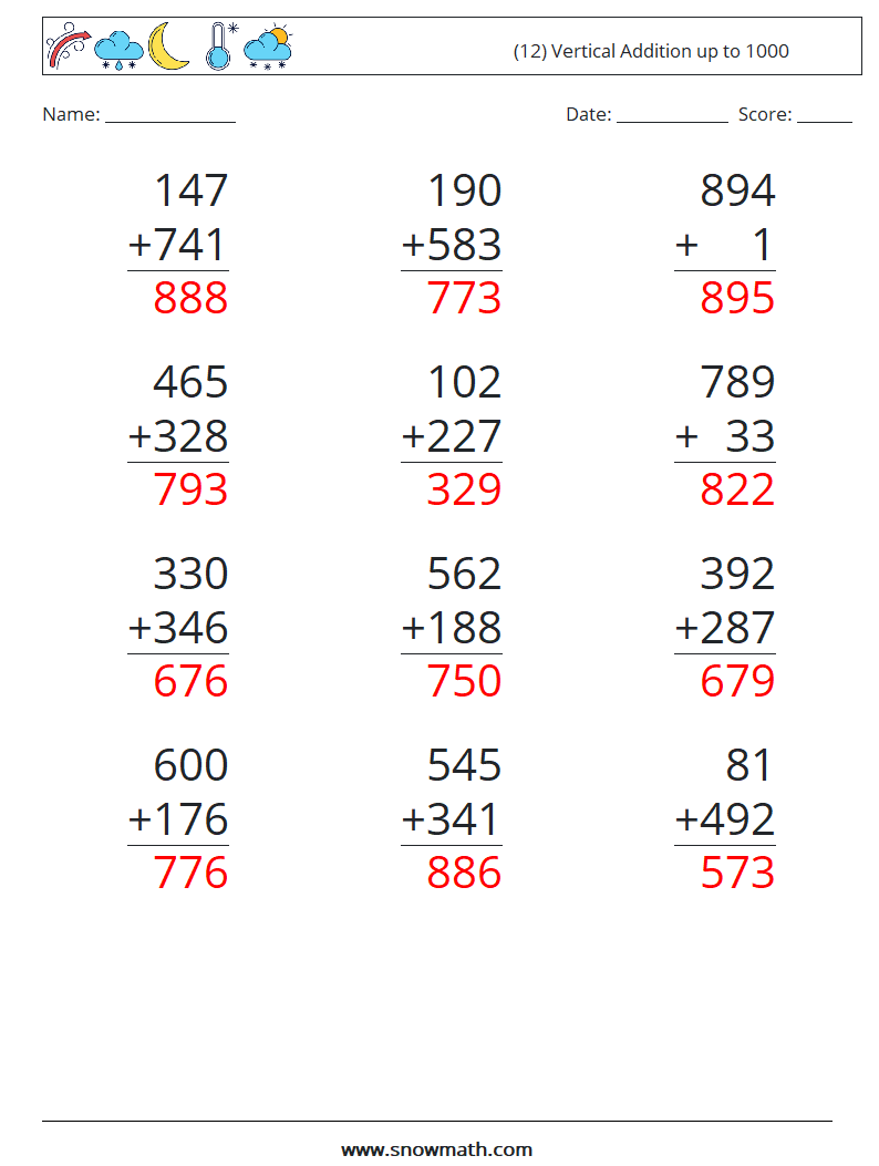 (12) Vertical Addition up to 1000 Maths Worksheets 16 Question, Answer