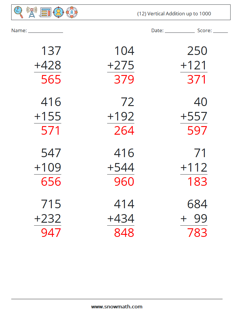 (12) Vertical Addition up to 1000 Maths Worksheets 17 Question, Answer