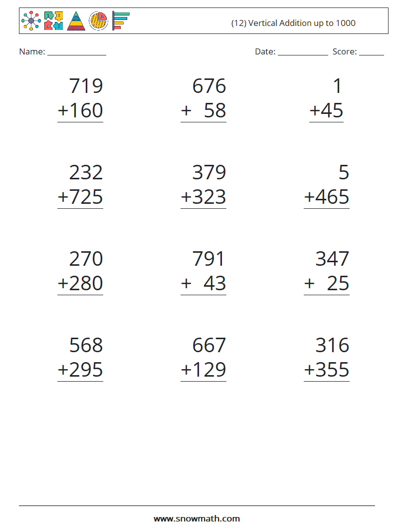 (12) Vertical Addition up to 1000 Maths Worksheets 18